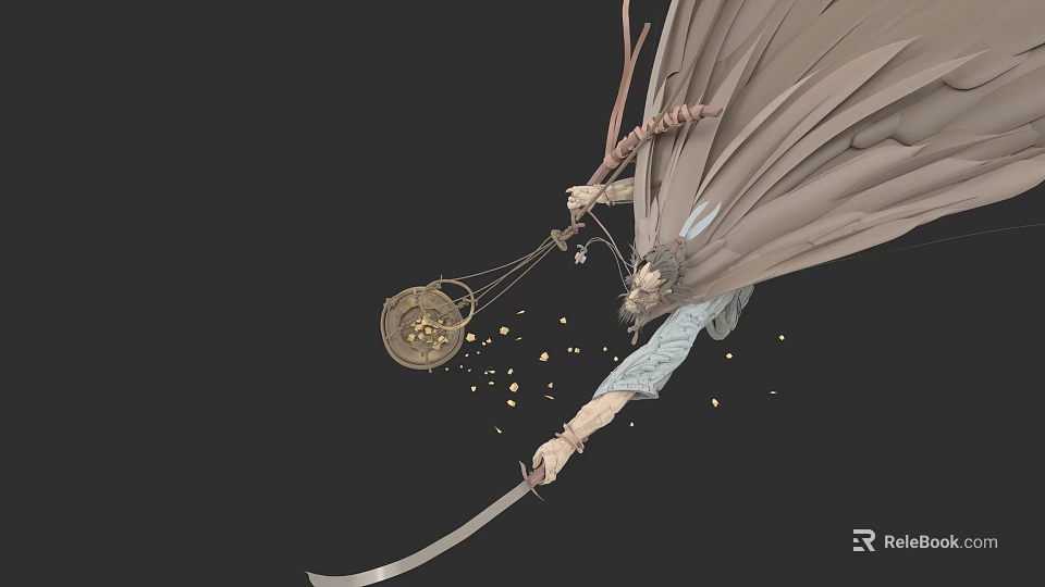 Game Movie Character Wearing Flowing Cloak Wielding Longsword Holding Sieve Container With Golden Particles Spilling 3d model 