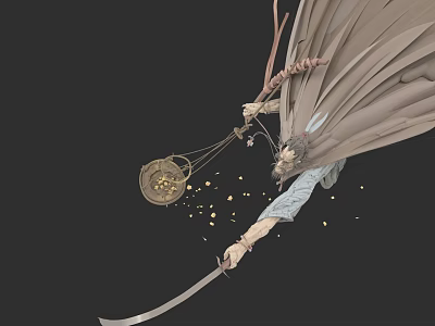 Game Movie Character Wearing Flowing Cloak Wielding Longsword Holding Sieve Container With Golden Particles Spilling 3d model