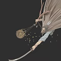 Game Movie Character Wearing Flowing Cloak Wielding Longsword Holding Sieve Container With Golden Particles Spilling