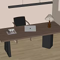 Modern Wooden Desk With Laptop Table Lamp Books And Black Chair In Natural Light