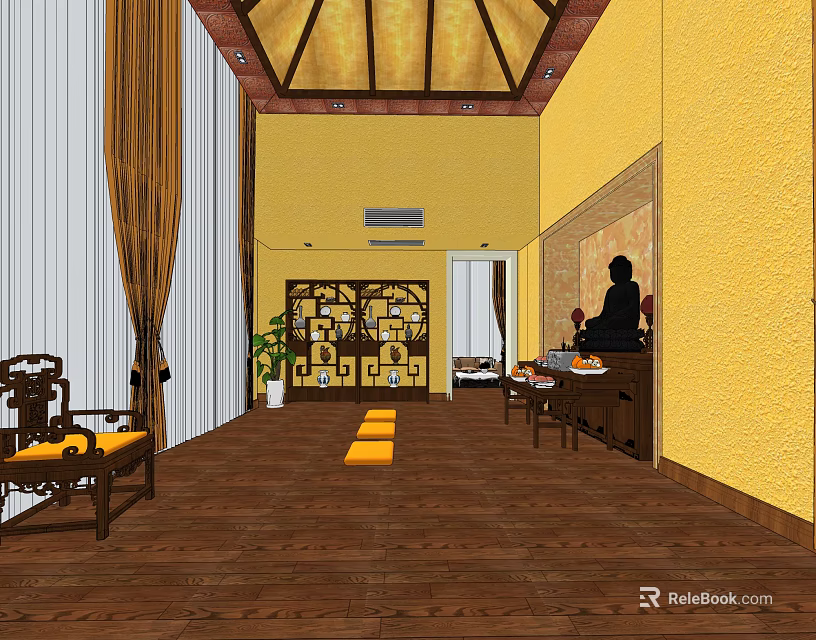 Traditional Religious Worship Interior with Yellow Walls Wooden Floors Chinese Furniture and Altar Statue 3d model 