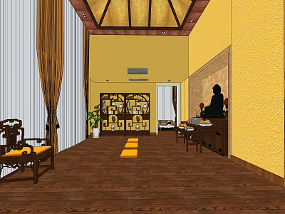 Traditional Religious Worship Interior with Yellow Walls Wooden Floors Chinese Furniture and Altar Statue 3d model