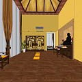 Traditional Religious Worship Interior with Yellow Walls Wooden Floors Chinese Furniture and Altar Statue