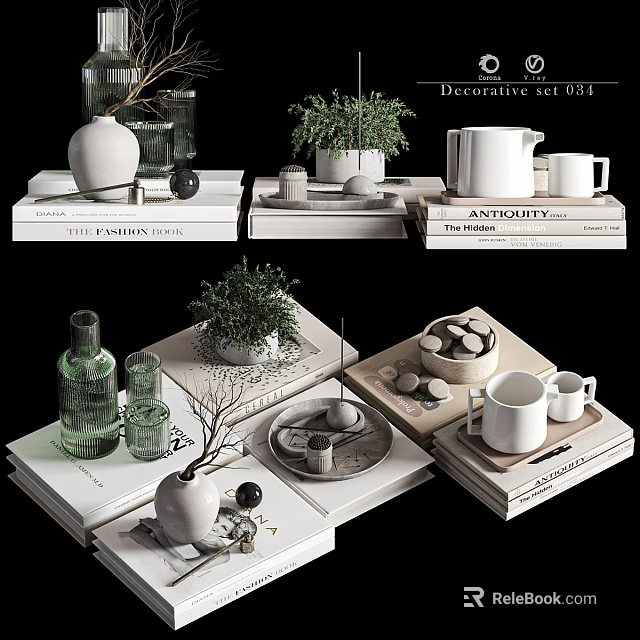 Decorative Ornament Set With Vase Plant Mug Books Stones And Tray 3d model 