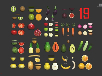 Colorful Fresh Various Fruits And Vegetables Collection With Watermelon Pineapple Apple Orange Carrot 3d model