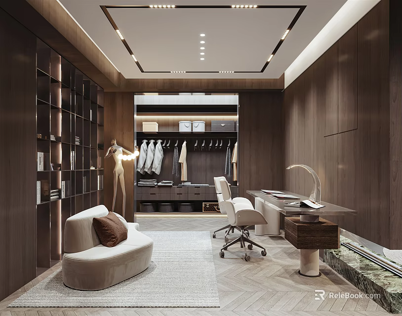Modern Study Room Interior With Dark Wood Bookshelves Desk And Ergonomic Chair 3d model 
