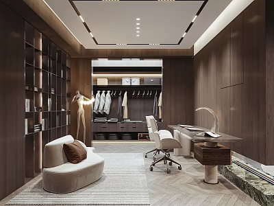 Modern Study Room Interior With Dark Wood Bookshelves Desk And Ergonomic Chair 3d model