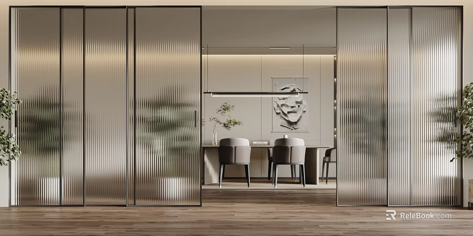 Modern Glass Sliding Doors For Open Living And Dining Room Interior 3d model 