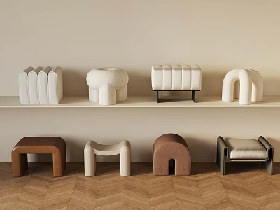 Minimalist Decorative Sculptures And Colored Stools On Shelf And Herringbone Floor 3d model