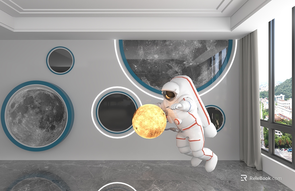 Space Themed Background Wall With Astronaut Holding Glowing Sphere And Moon Circular Decorations 3d model 