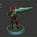 Game Character Nova Ray Blue Hair Armored Outfit Wielding Large Futuristic Gun on Green Base
