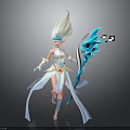 Elegant Mythical Elf Creature In Flowing White Outfit With Blue Staff And Eye Patterns