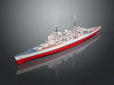 Realistic Warship Model With Red Bottom White Hull Blue Deck Masts Guns And Reflective Surface 3d model