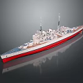 Realistic Warship Model With Red Bottom White Hull Blue Deck Masts Guns And Reflective Surface