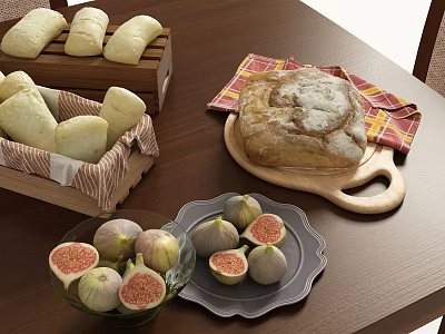 Freshly Baked Bread And Sliced Ripe Figs On Wooden Table With Basket And Tray 3d model