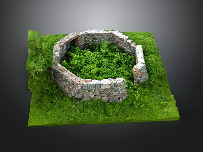 Circular Stone Wall Enclosure Surrounded by Lush Green Grass and Plants 3d model