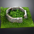 Circular Stone Wall Enclosure Surrounded by Lush Green Grass and Plants