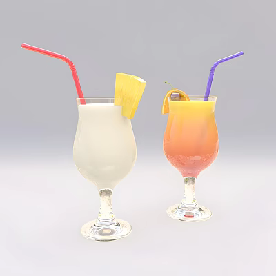 Refreshing White And Orange Gradient Beverages With Pineapple Lemon Slices And Colorful Straws 3d model