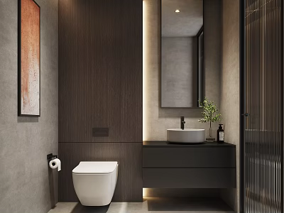 Modern Bathroom With Dark Wood Paneling White Toilet And Black Vanity 3d model
