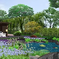Garden Courtyard Design Featuring Pond Lotus Stone Pathway Wooden Gazebo Rockery And Colorful Flowers
