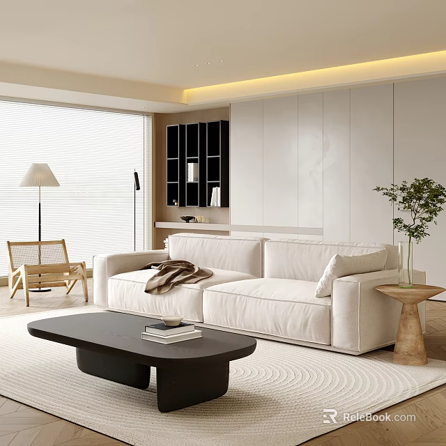 Modern Living Room Interior With White Sofa Black Coffee Table And Wooden Side Table 3d model 