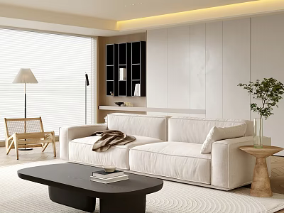 Modern Living Room Interior With White Sofa Black Coffee Table And Wooden Side Table 3d model