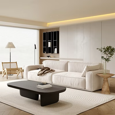 Modern Living Room Interior With White Sofa Black Coffee Table And Wooden Side Table 3d model