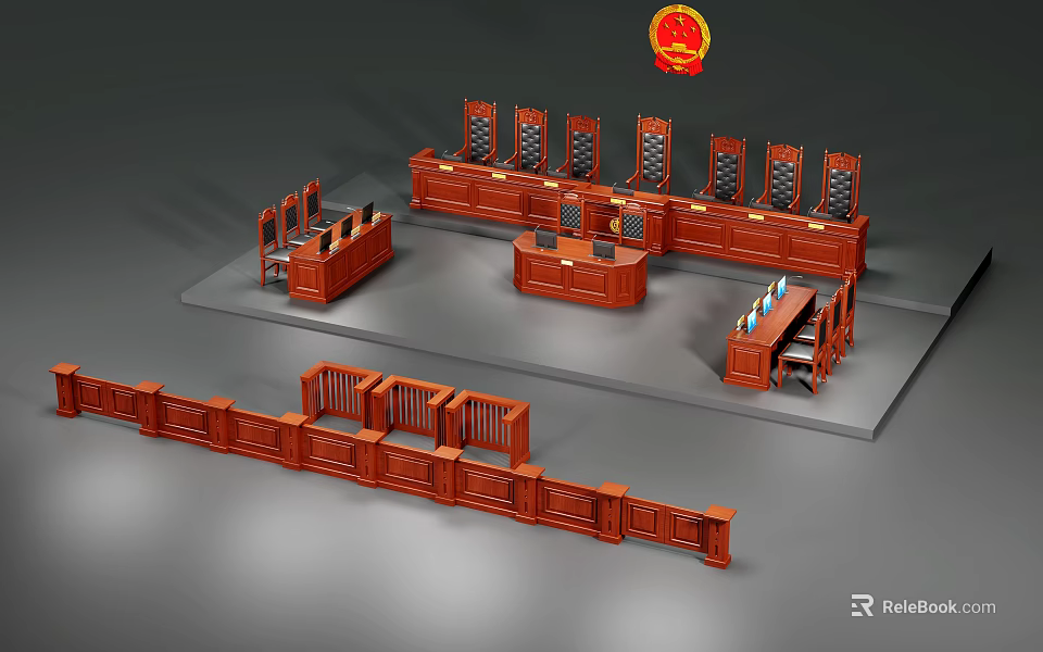 Courtroom Wooden Table And Chair Set With Red Judge Seat Defendant Stand And Railings 3d model 