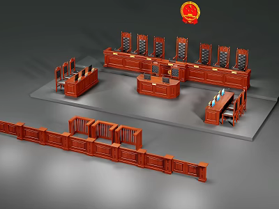 Courtroom Wooden Table And Chair Set With Red Judge Seat Defendant Stand And Railings 3d model