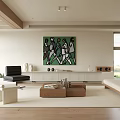 Modern Living Room With Green Painting Black Chair Wooden Coffee Table White Bench Large Windows