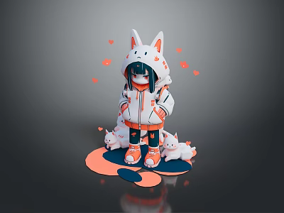 Game And Movie Character With Cat Ears In Hooded Coat Small Cats And Orange Petals 3d model