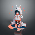 Game And Movie Character With Cat Ears In Hooded Coat Small Cats And Orange Petals