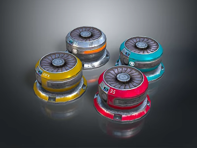Colorful Circular Equipment with Yellow Orange Red Blue Bases and Numbered Tops 3d model