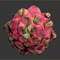 Fresh Pink Dragon Fruit with Green Leafy Tips and Textured Skin on Dark Reflective Background