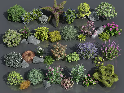 Various Colorful Flowering Plants and Green Shrubs with Decorative Stones 3d model