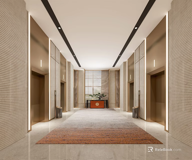 Modern Luxury Elevator Lobby Interior With Recessed Lighting And Patterned Area Carpet 3d model