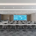Modern Conference Room Interior With Large Digital Screen And Arranged Tables 3d model