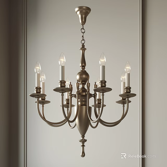 Vintage Brass Chandelier With Multiple Candle Shaped Bulbs And Decorative Arms 3d model 