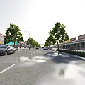 Scenic Commercial Street With Retail Shops Parked Cars And Green Trees