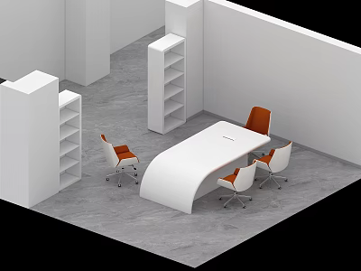 Modern Meeting Room With White Curved Conference Table Orange White Chairs And Open Shelves 3d model