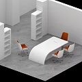 Modern Meeting Room With White Curved Conference Table Orange White Chairs And Open Shelves