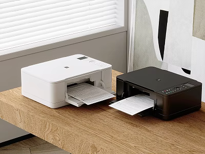 Modern Office Appliances White And Black Printers On Wooden Desk With Printing Paper Output 3d model