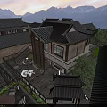 Traditional Chinese Homestay Building with Classic Tiled Roofs Mountain Views Courtyard and Lush Greenery