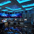 KTV Luxurious Interior With Golden Ceiling Strip Lights And Leather Sofas 3d model