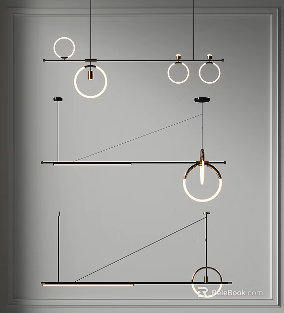 Modern Linear Pendant Lights With Circular Rings And Black Metal Rods 3d model 