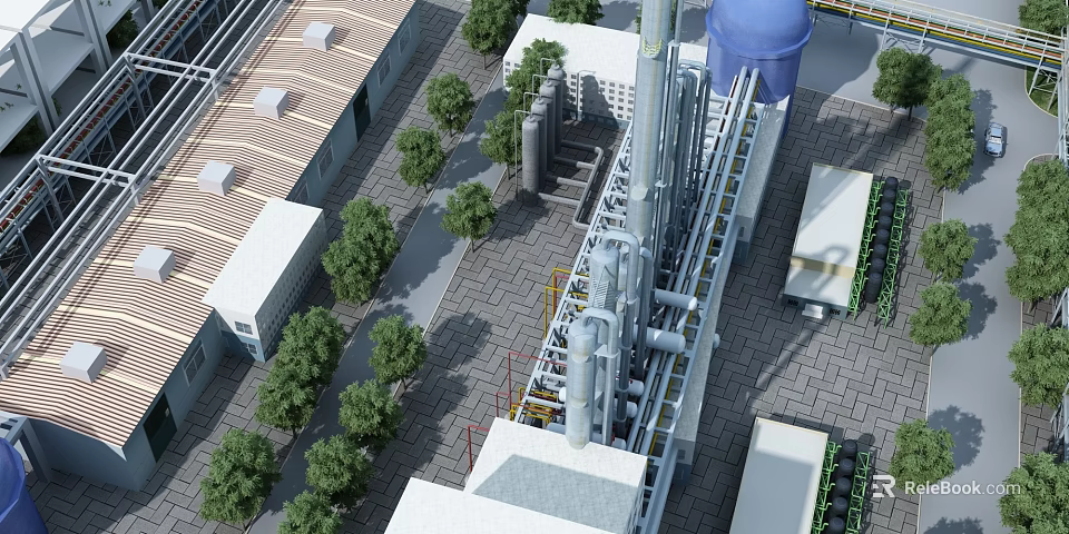 Industrial Plant With Large Equipment Pipeline System Blue Storage Tank And Surrounding Green Trees 3d model 