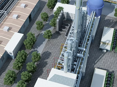 Industrial Plant With Large Equipment Pipeline System Blue Storage Tank And Surrounding Green Trees 3d model