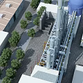 Industrial Plant With Large Equipment Pipeline System Blue Storage Tank And Surrounding Green Trees