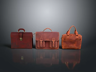 Three Brown Leather Bags with Different Styles Classic Design and Buckle Details 3d model