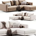Modern L Shaped Upholstered Sofa in Neutral Tones With Throw Blanket Decorative Pillows and Balls
